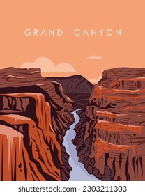 Vector illustration. Grand Canyon, Arizona, USA. Travel poster. Around the world. Travels in America. Design for poster, postcard, banner. Desert.