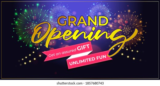 Vector Illustration Of Grand Opening Banner, Get An Assured Gift, Unlimited Fun, Opening Ceremony Poster, Decoration, Balloons, Social Media Template.