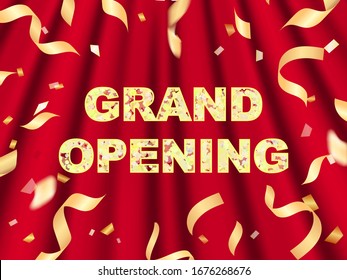 Vector illustration. Grand opening. Red curtains background with golden confetti