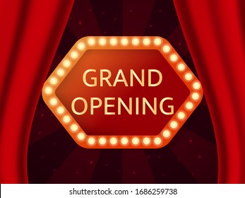 Vector illustration. Grand opening text. Red curtains and frame with light bulbs.