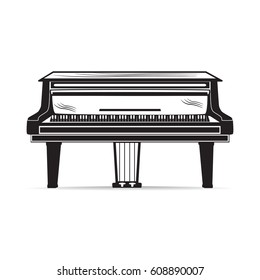 Vector illustration of Grand Piano isolated on white background. Flat style design black and white musical instrument.