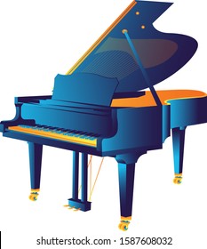 Vector illustration of Grand piano. Musical instrument. Bright blue shiny grand piano. Isolated image isolated on white background.