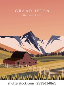 Vector illustration Grand Teton National park. Design for print, poster, banner, wallpaper background.