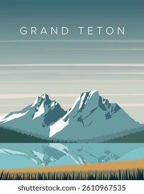 Vector illustration. Grand Teton, travel poster, postcard, banner, cover. Modern design. Tourism.
