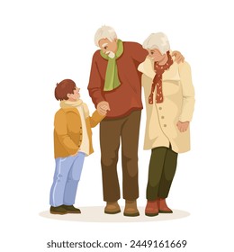Vector illustration of a grandchild with grandparents, showcasing family, affection and generational bonding on a plain background. Vector illustration