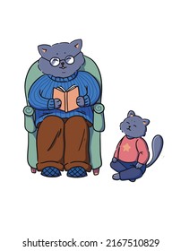 Vector illustration of a grandfather cat reading a fairy tale to a grandchild cat