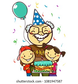 Vector Illustration of a Grandfather celebrating her Birthday with Kids holding a Cake