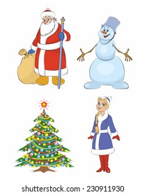 Vector illustration of a grandfather Frost, Christmas tree, Snow maiden, snowman