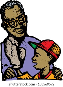 Vector illustration of grandfather giving his grandson a baseball glove