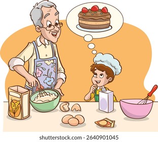 Vector illustration of grandfather and grandchild making cake or bread in the kitchen