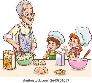 Vector illustration of grandfather and grandchild making cake or bread in the kitchen