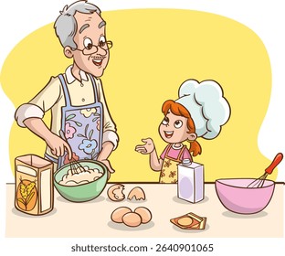 Vector illustration of grandfather and grandchild making cake or bread in the kitchen