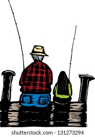 Vector illustration of grandfather and granddaughter fishing