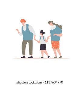Vector illustration grandfather and grandmother accompanies his granddaughter to school modern style. Primary schoolgirls with old senior go to school together
