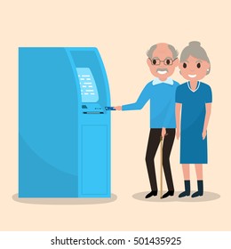 Vector illustration grandfather and grandmother got a plastic credit card. Old man puts an electronic card into the ATM. Receive a pension. Loan for pensioners. Getting money through an cash dispenser