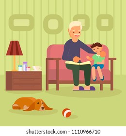 Vector illustration of grandfather and grandson reading book together while sitting on sofa and pet dog lying on carpet in living room. Flat style design.