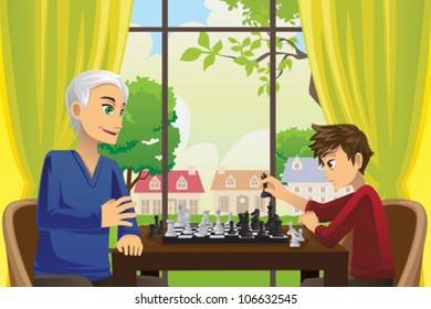A vector illustration of a grandfather and his grandson playing chess at home