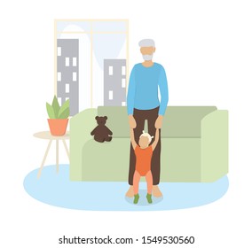 Vector illustration of grandfather with his little granddaughter. Litlle girl trying to walk, old man hold her palms. Grandpa playing with his grandchild