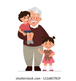 Vector Illustration Grandfather, Old Man, Father With Two Grandchildren, Grandson And Granddaughter