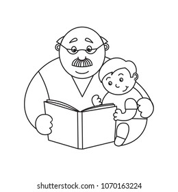 Vector illustration grandfather reading a book to his little boy,linear silhouette on a white background.