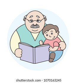 vector illustration grandfather reading a book to his little  grandson,an elderly man reading a book to a boy,flat design