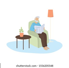 Vector illustration of grandfather sitting in the armchair and reading a newspaper. Elder person life style. Isolated vector illustration in cartoon style