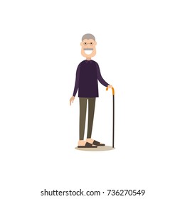 Vector illustration of grandfather with walking cane. Granddad flat style design element, icon isolated on white background.