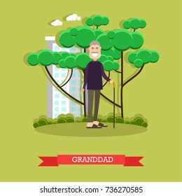 Vector illustration of grandfather with walking cane. Granddad flat style design element.