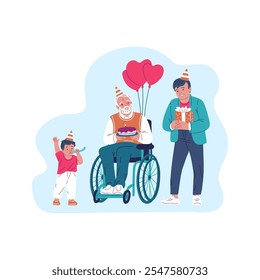 Vector illustration with grandfather in a wheelchair, son and grandson. celebrating a birthday with festive hats with cake and balloons. A holiday with the family