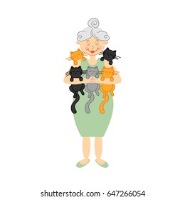 Vector illustration with grandma and cats. 