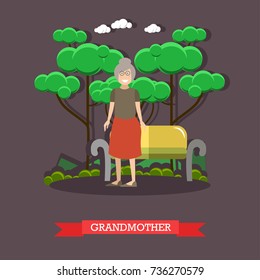 Vector illustration of grandma standing next to bench in the park. Grandmother flat style design element.