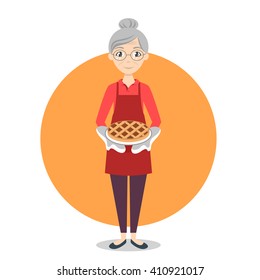 Vector illustration of grandma with sweet pie in her hands.