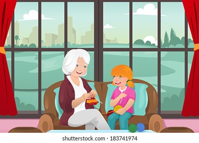 A vector illustration of grandma teaching her granddaughter knitting