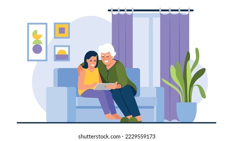 Vector illustration of grandmother. Cartoon scene with a joyful grandmother and granddaughter who are sitting on the sofa and looking at the tablet on white background.