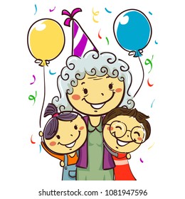 Vector Illustration of a Grandmother celebrating her Birthday with Kids wearing party hat