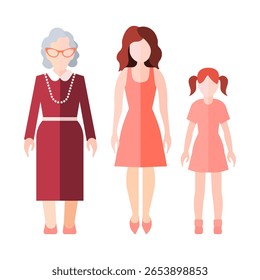 Vector illustration of grandmother with daughter and granddaughter standing together smiling.