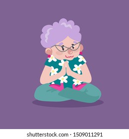 Vector illustration grandmother does yoga. Happy granny. Healthy lifestyle concept.
