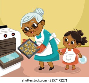 Vector illustration of grandmother and granddaughter baking cookies in the kitchen.
