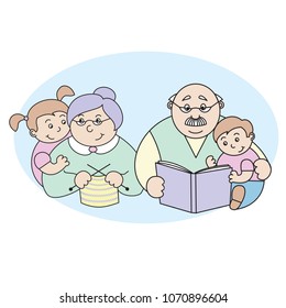 vector illustration of a grandmother and grandfather with her grandchildren, an elderly lady knitting, an elderly man reading a book to a boy,cartoon design