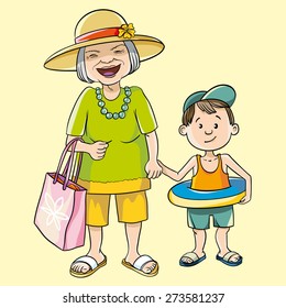 vector illustration grandmother with grandson goes to the beach