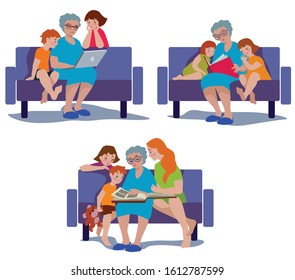 Vector illustration of grandmother and her grandchildren sitting on the couch in flat design.