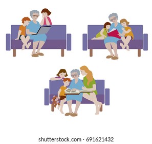 Vector illustration of grandmother and her grandchildren sitting on the couch in flat design.