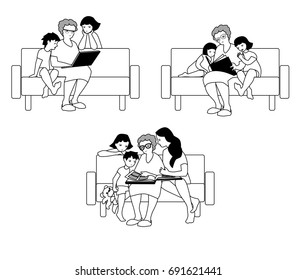 Vector illustration of grandmother and her grandchildren sitting on the couch in flat design.