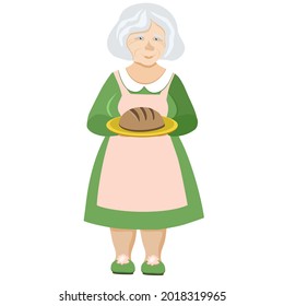 Vector illustration, grandmother holds bread on a tray. Design element.