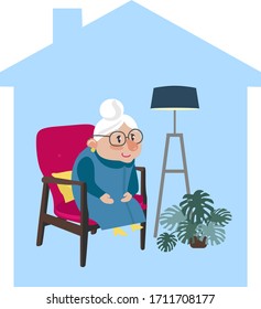 Vector illustration grandmother at home. Stay home. Old age. Interior.