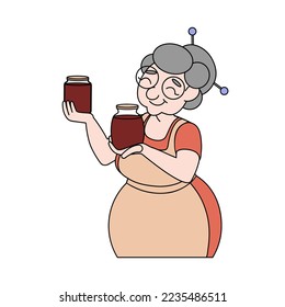 Imagen vectorial de una abuela con jarras de mermelada casera en el fondo blanco. 