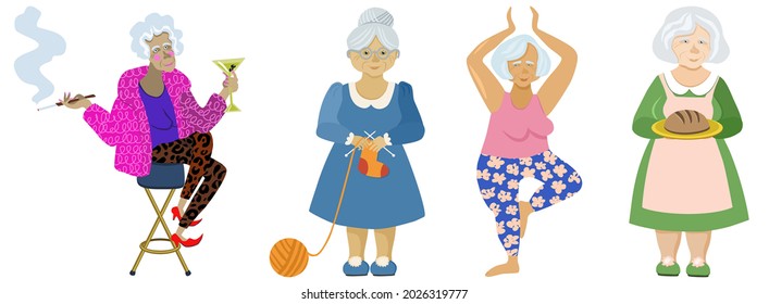 Ilustración vectorial, nudos de abuela, abuela con un cóctel y un cigarrillo, abuela comprometida con el yoga, abuela sostiene el pan en la bandeja