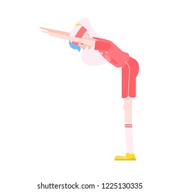 Vector illustration of grandmother making torso forward bending in flat style - healthy and sporty aged female character doing fitness exercises isolated on white background.