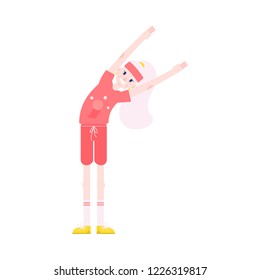 Vector illustration of grandmother making torso bending sideways with hands up in flat style - healthy and smiling aged female character doing sport exercises isolated on white background.