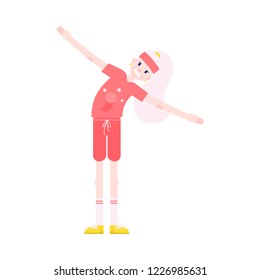 Vector illustration of grandmother making torso bending sideways in flat style. Athletic and smiling aged female character doing sport exercises isolated on white background.